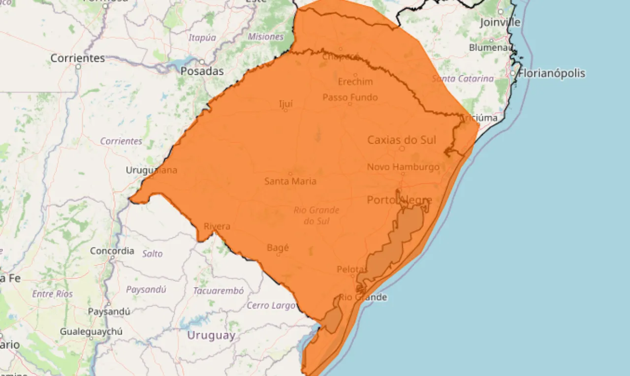 A imagem mostra alerta de tempestade para os estados da regi&atilde;o Sul